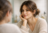 young woman in her late 20s with medium-length wavy brown hair loosely tied in a low bun with a few strands falling around her face, wearing a soft oversized beige knit sweater, standing in a bathroom, looking at herself in a mirror with a calm and slightly amused expression, morning light