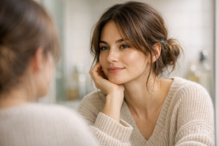 young woman in her late 20s with medium-length wavy brown hair loosely tied in a low bun with a few strands falling around her face, wearing a soft oversized beige knit sweater, standing in a bathroom, looking at herself in a mirror with a calm and slightly amused expression, morning light