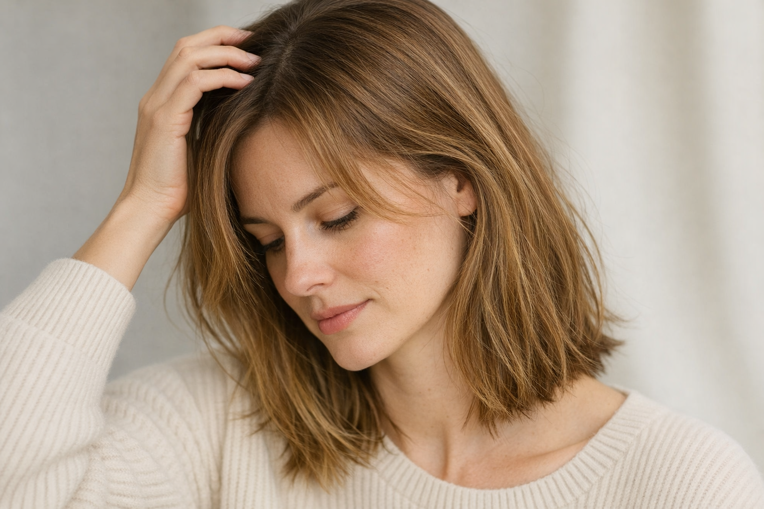 mid-30s woman with fine light brown shoulder-length hair, wearing a soft cream ribbed sweater, gently running her fingers through her hair near the roots while looking down with a calm and slightly thoughtful expression, natural indoor light